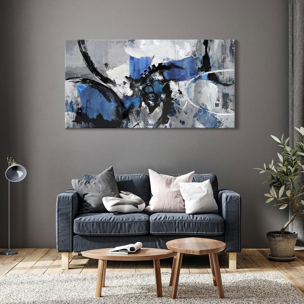 Abstract Canvas Wall Art: Large Wall Art Paintings, Modern, Framed Artwork in Blue and Black -Bedroom, and Office