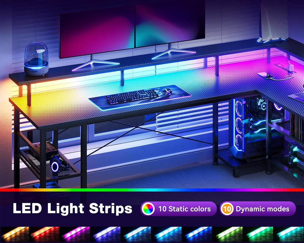 66" Large L Shaped Gaming Desk with Power Outlet & LED, Black | Reversible L desk, carbon fiber texture. Storage