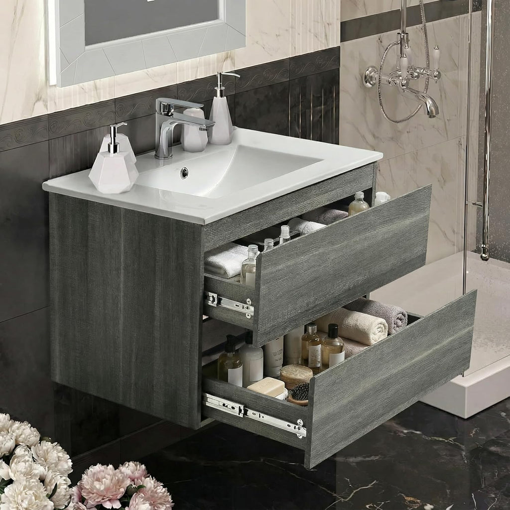 24-Inch Modern MDF Bathroom Vanity with Sink – Wall-Mounted Floating Cabinet with Double Drawers, White