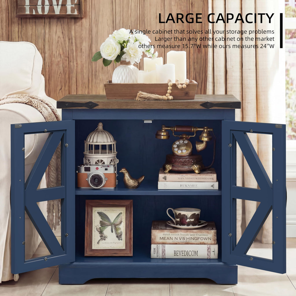 Farmhouse End Table, 24" Large End Tables with Storage, Rustic Square Sofa Beside Table with Glass Barn Door, Wood