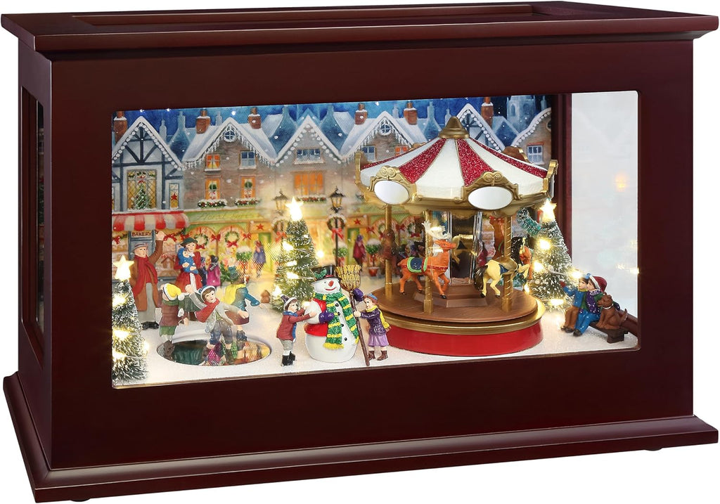 Heirloom Animated Glass and Wood Christmas Music Box, Holiday Décor, Plays 35 Songs, Brown