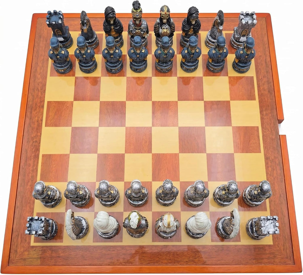 Medieval Gothic Skeleton Knights Chess Set, Hand Painted Undead Skull Resin Chess Pieces with Wooden Drawer Storage