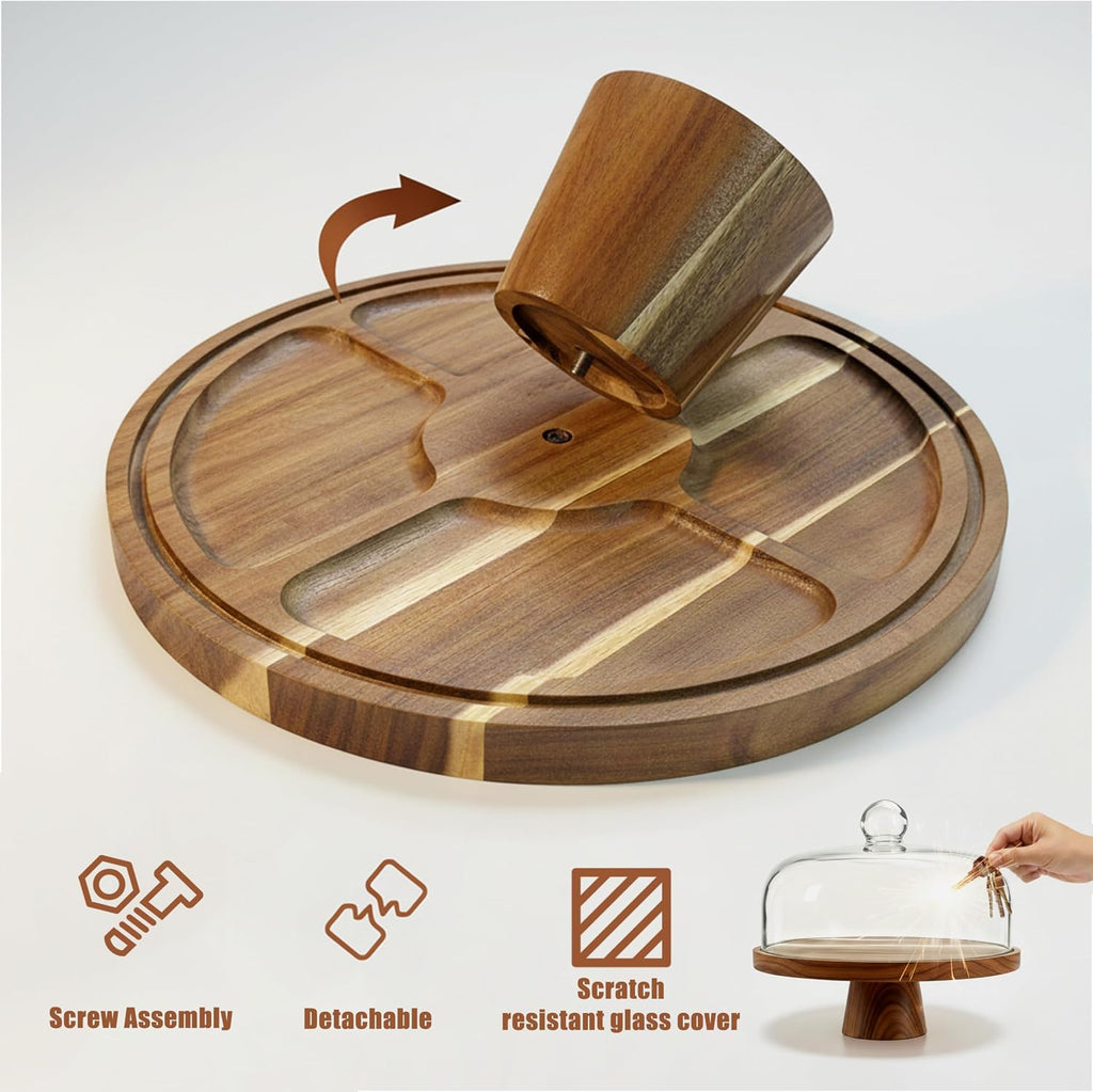 Acacia Wood Cake Stand with Scratch-Resistant Glass Dome Lid - 12-Inch Round Cake Holder with Screw-Type Base, Wooden