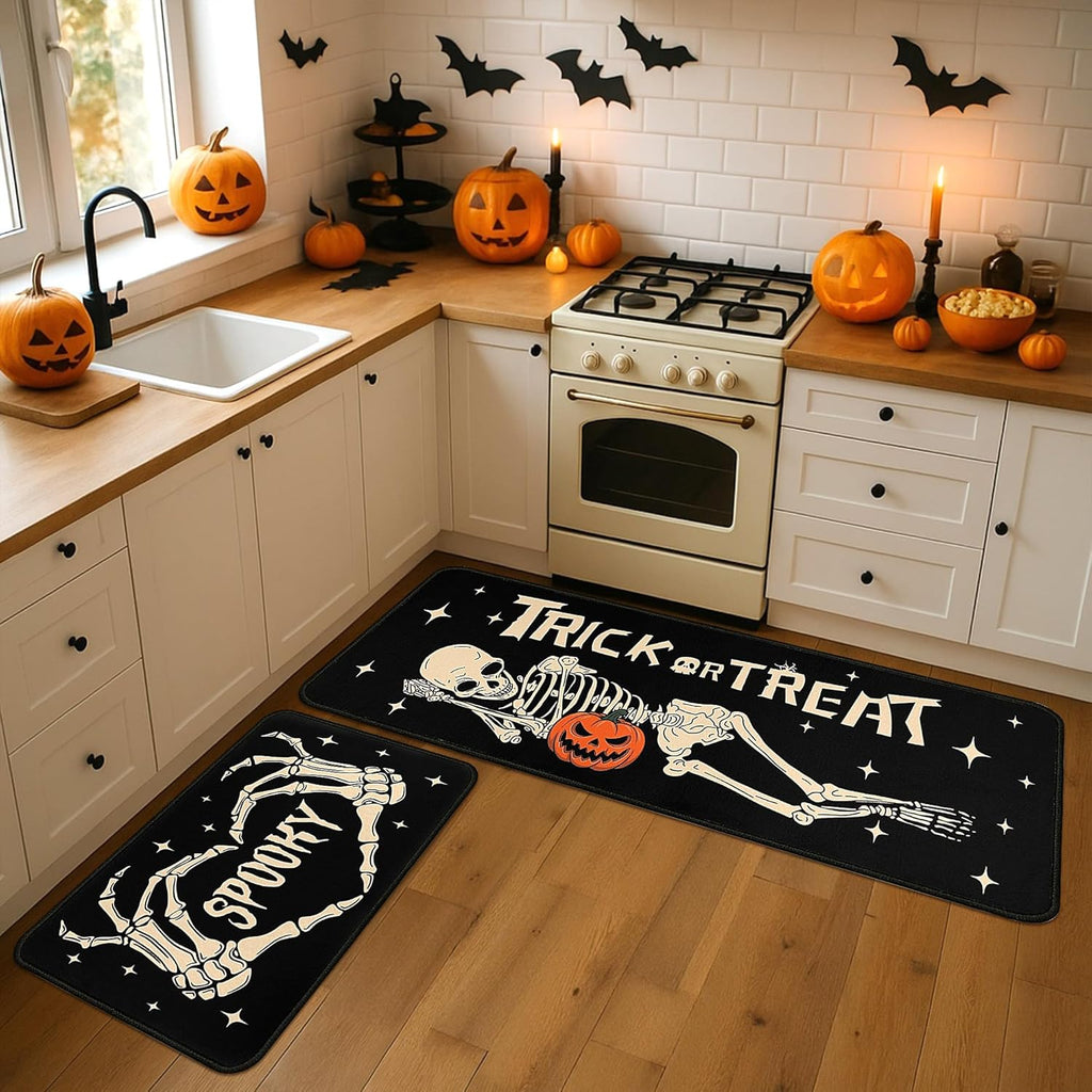Halloween Kitchen Decor Rugs Set,Skeleton Kitchen Rugs and Mats Non Skid Washable Absorbent Kitchen - Set of 2