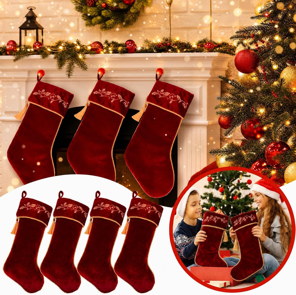 4 Pcs 18 Inch Burgundy Luxury Velvet Christmas Stockings Holly Embroidered Christmas Stocking Stockings with Gold