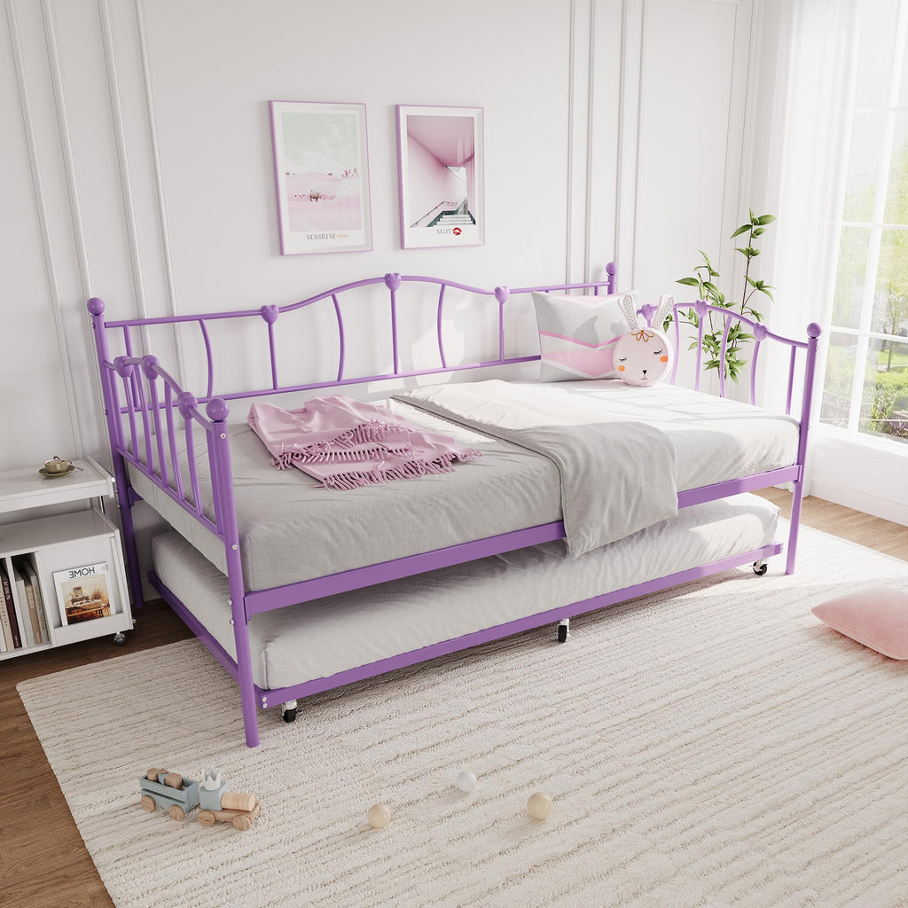 Twin Daybed with Trundle, Metal Sofa Bed Frame with Steel Slat Support, Twin Size Space-Saving Furniture, Love Heart