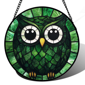 Owl Green Feathers Stained Glass Window Hanging Suncatcher Gifts 15"