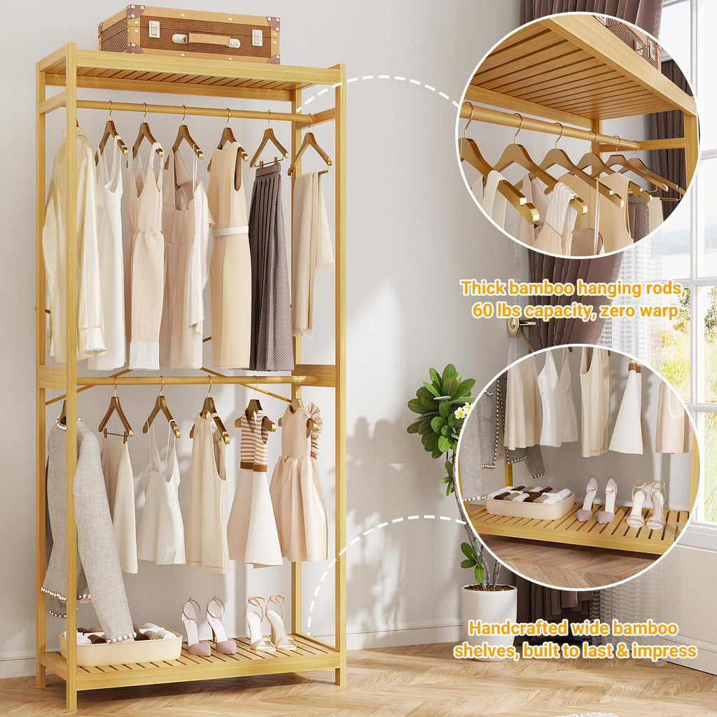 Bamboo Clothing Rack with Shelves, 33.5" Wide Clothes Rack, 78.8" H