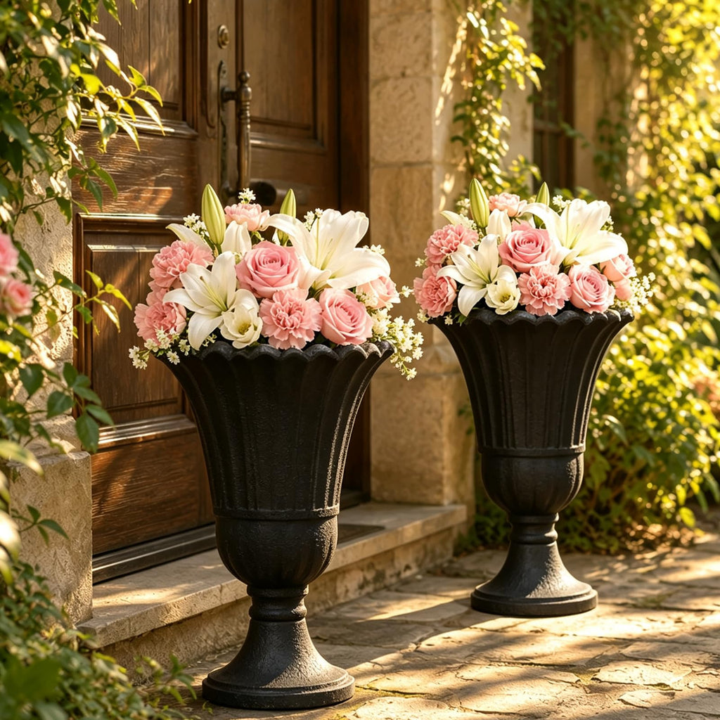24" Tall Urn Planters for Outdoor Plants Set of 2 - Black Petal