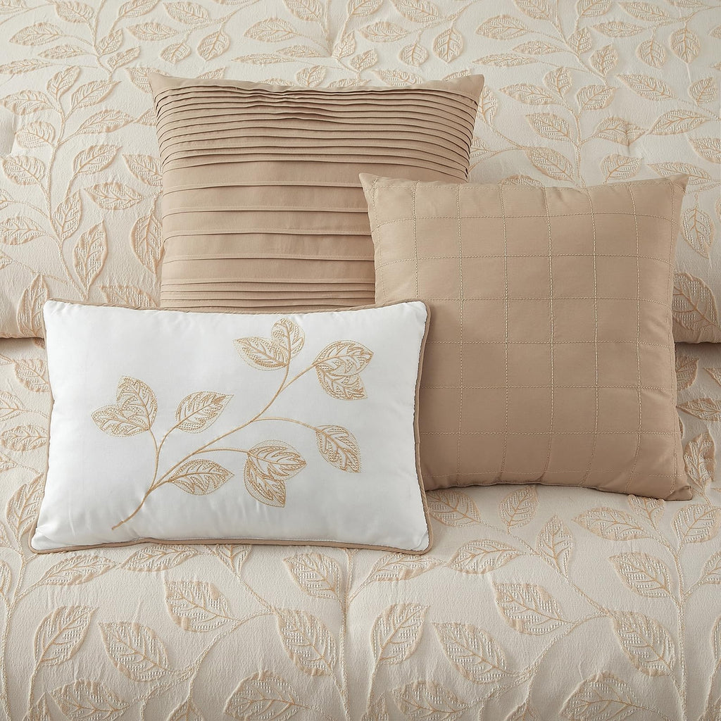 7 Pieces Beige Gold Comforter Set, Queen Size, Jacquard with Matching Solid Microfiber Piecework, 3D Leaves Texture