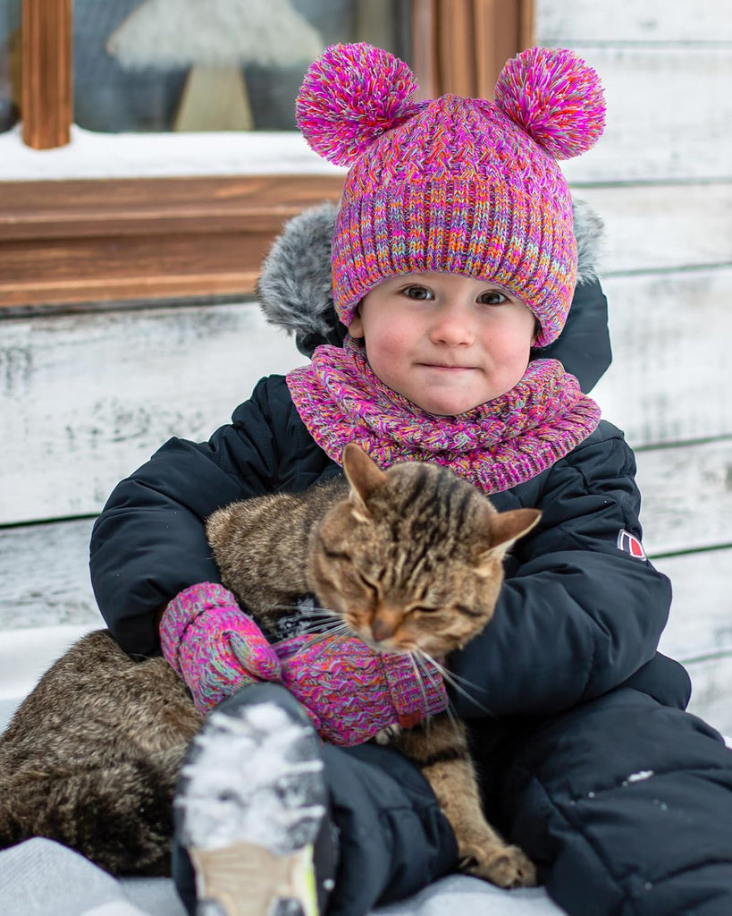 4 Pcs Kids Winter Hat Gloves Scarf Set, Thicken Warm Toddler Beanie Mittens Neck Warmer Set for Boys Girls