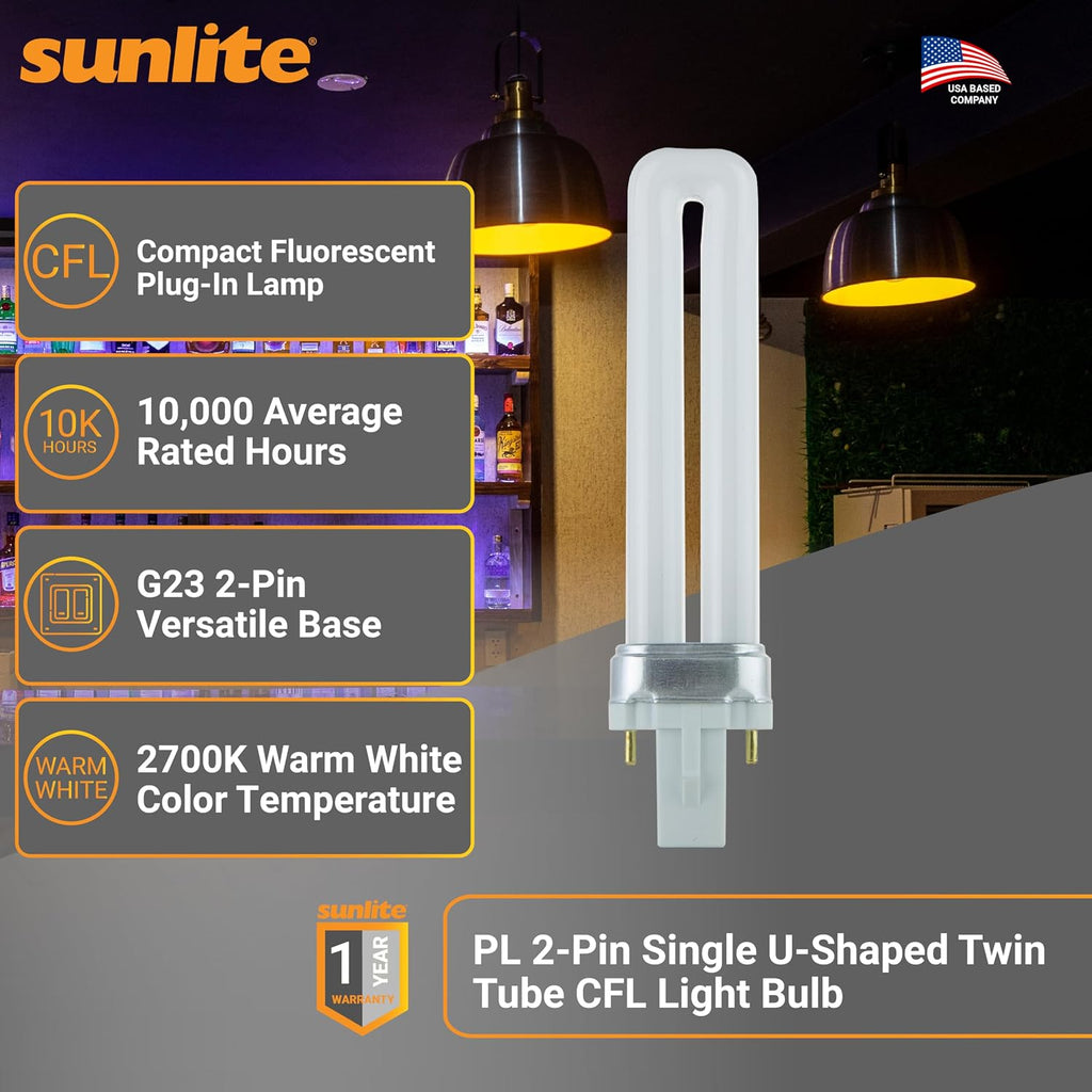 Compact Fluorescent PL 2-Pin Single U-Shaped Twin Tube, 9 Watts, 120 Volts, 530 Lumens, 2700K Soft White, 2-Pin G23