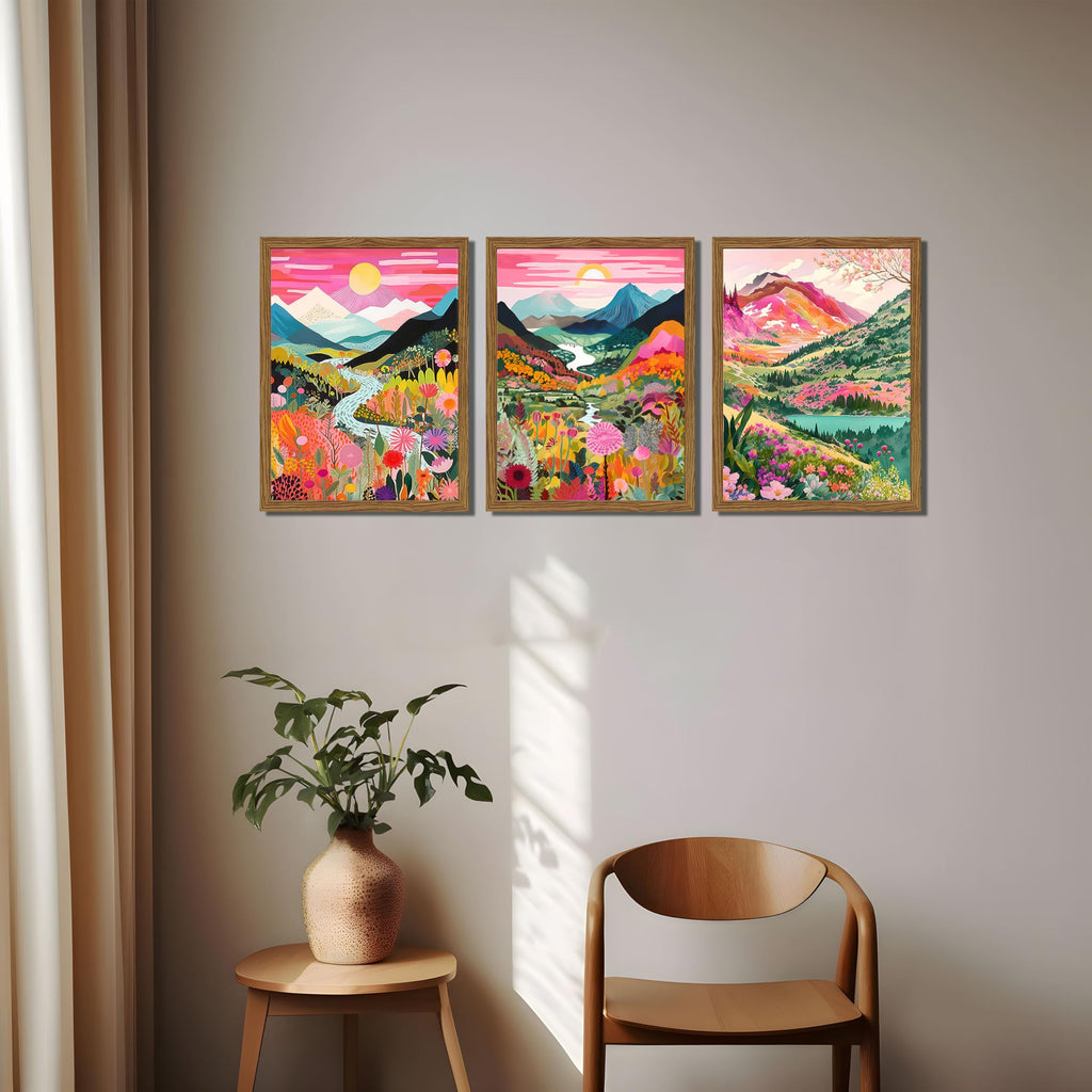 Boho Colorful Mountain Wall Art Set of 3, Abstract Watercolor Landscape Flower Wall Decor Paintings, Modern Nature