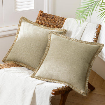 Pack of 2 Farmhouse Modern Fall Decorative Solid Throw Pillow Cover Burlap Linen Trimmed Tailored Edges Outdoor