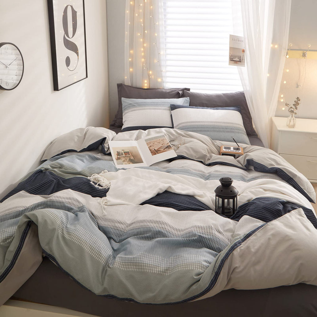 Cotton Stripe Duvet Cover Full Size Gray Blue White Stripe Comforter Cover Modern Style Geometric Stripe Bedding Set