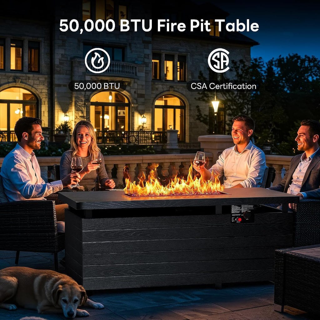 51" Outdoor Propane Fire Pit Table, 50000 BTU 4-in-1 Gas Fire Pits | Blue Glass Stones, Steel Tabletop, Adjustable