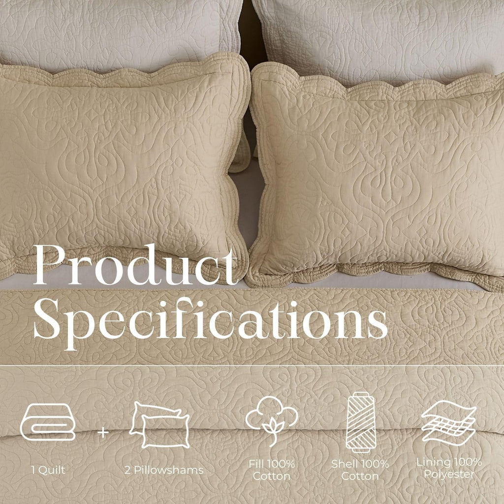 100% Cotton Sateen Quilt Set | Silky Soft & Breathable | Elegant Medallion Damask Pattern | Lightweight Cotton Fill