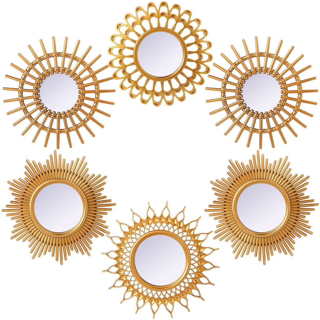 6 Pcs Sunburst Round Mirror for Wall Decor, Classic, Gold