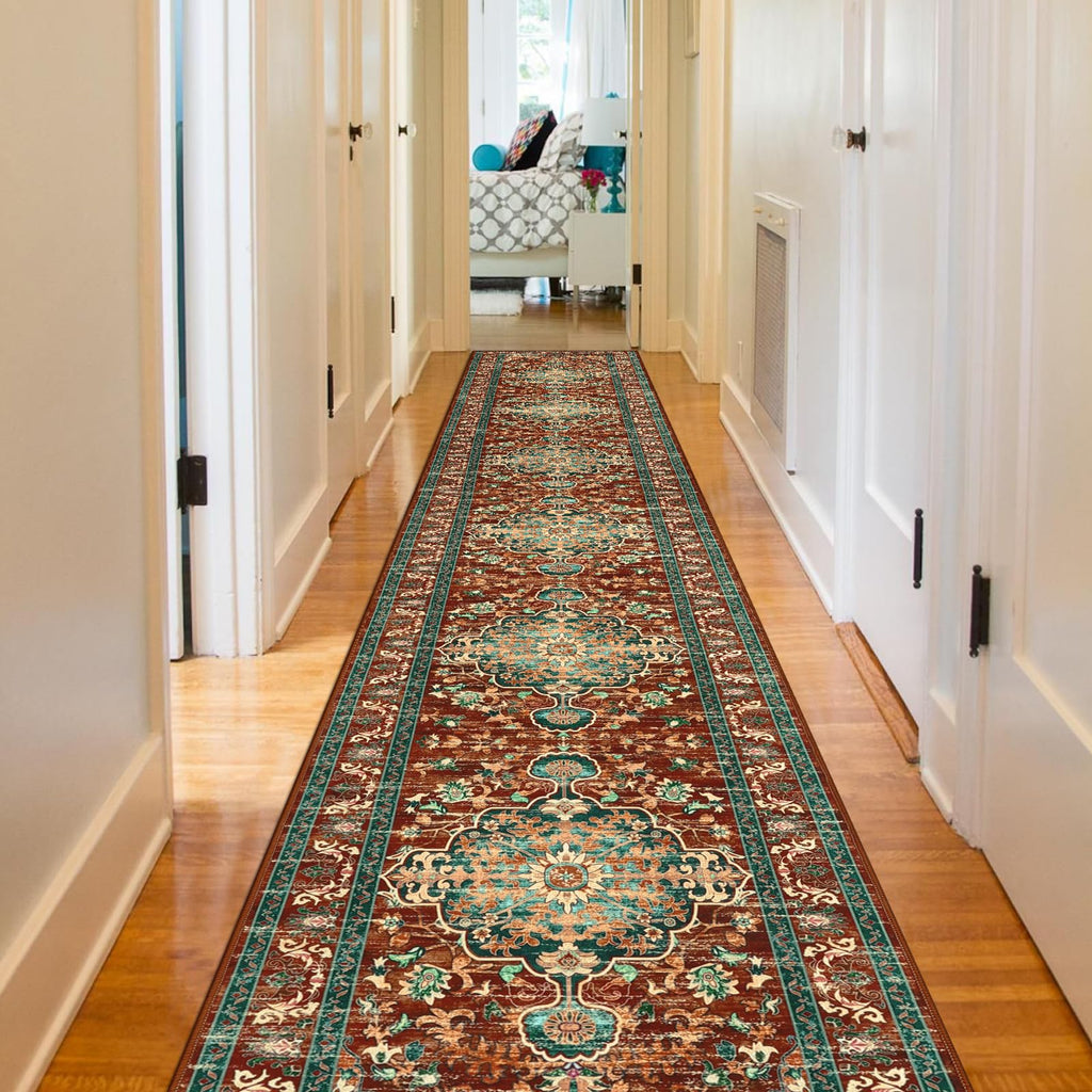 Boho Hallway Runner Rug, Washable Carpet, Rust&Teal