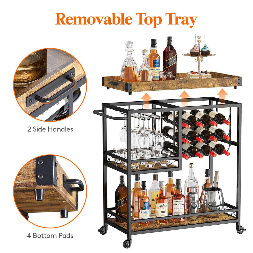 3 Tier Bar Cart with 12 Wine Racks, Serving Trolley, Rustic Brown