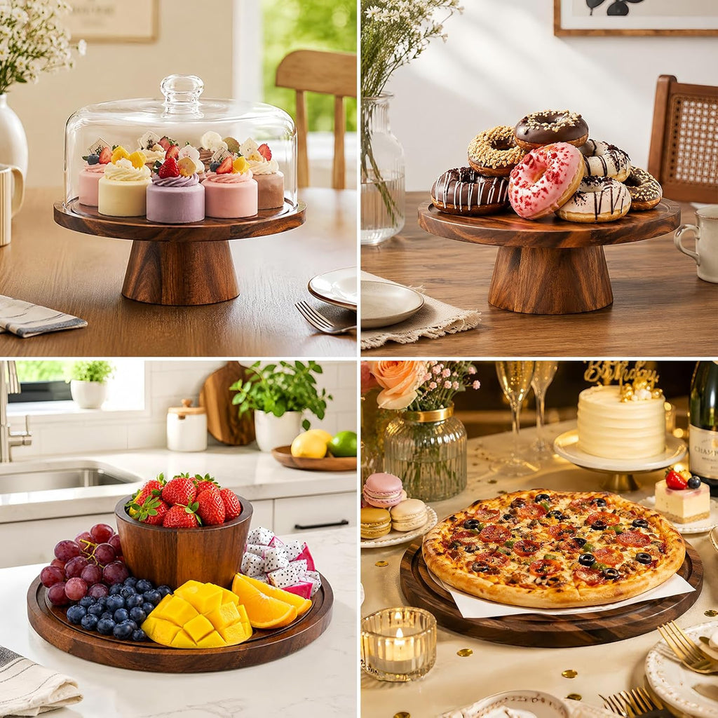 Acacia Wood Cake Stand with Lid - 12 Inch Magnetic Detachable Cake Stand with Dome, Shatterproof Acrylic Cover