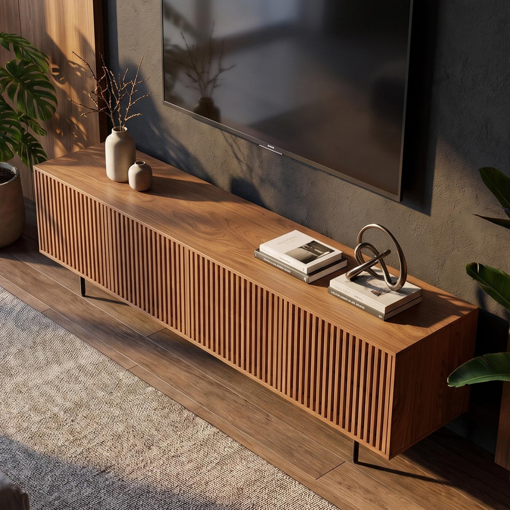 86.61" TV Stand with Slatted Doors, Media Console for 75+ TVs