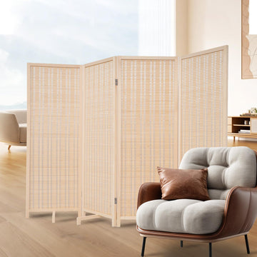 Bamboo Room Divider 4 Panel 47" H, 360°Rotating Feet Privacy Screen, Beige