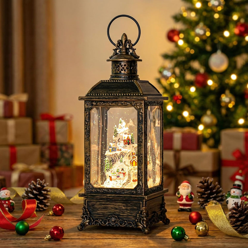 Christmas Snow Globe Lantern Water Glittering Snow Mountain Village with Music & Timer, USB Lined/Battery Operated