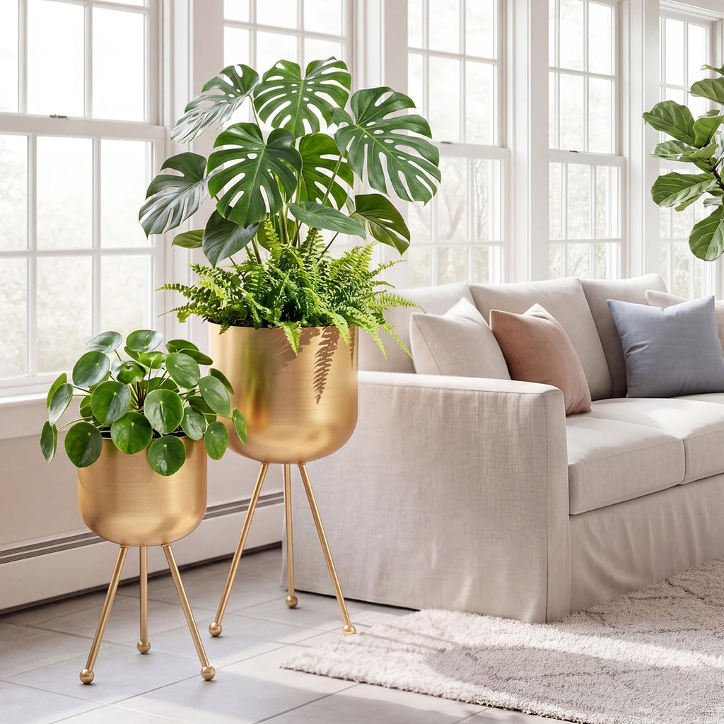 2 Pack Mid Century Modern Metal Planter with Stand, Gold