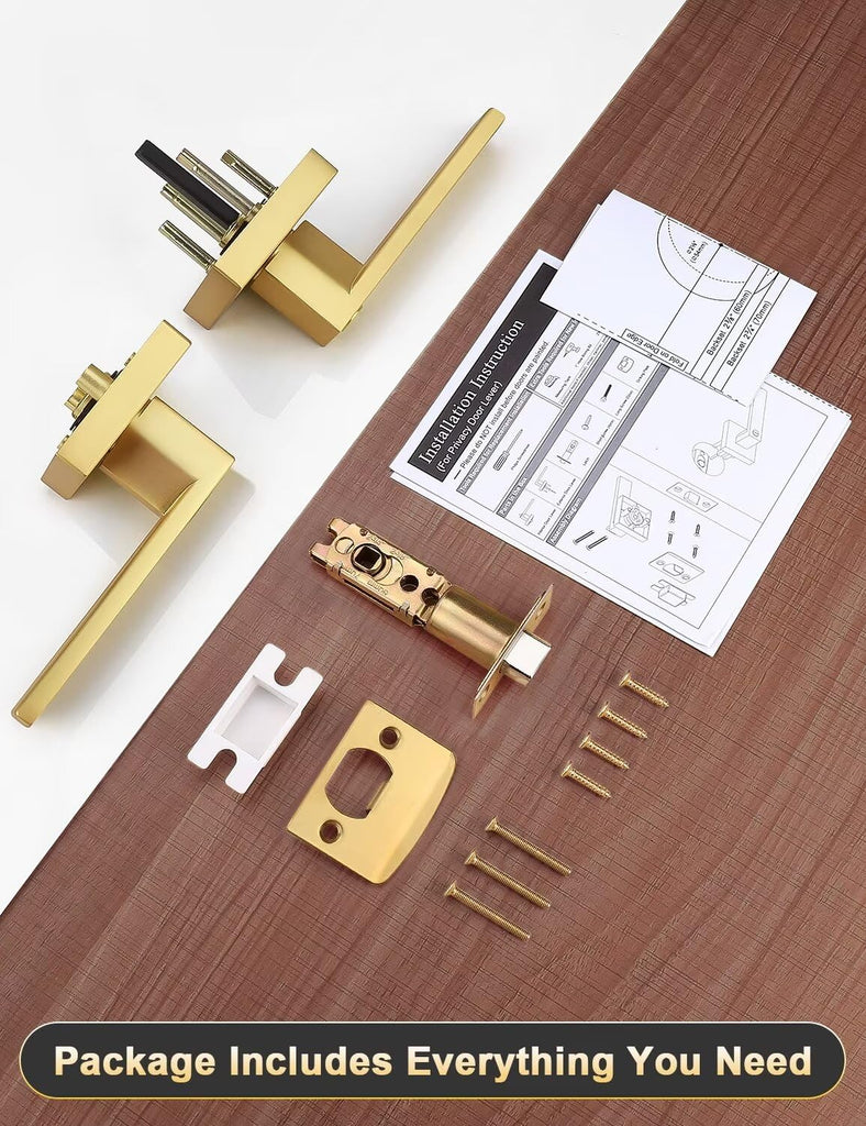 6 Pack Gold Keyless Square Levers Handles, Satin Brass Finish, Interior Passage Door Locksets for Hall Closet Door