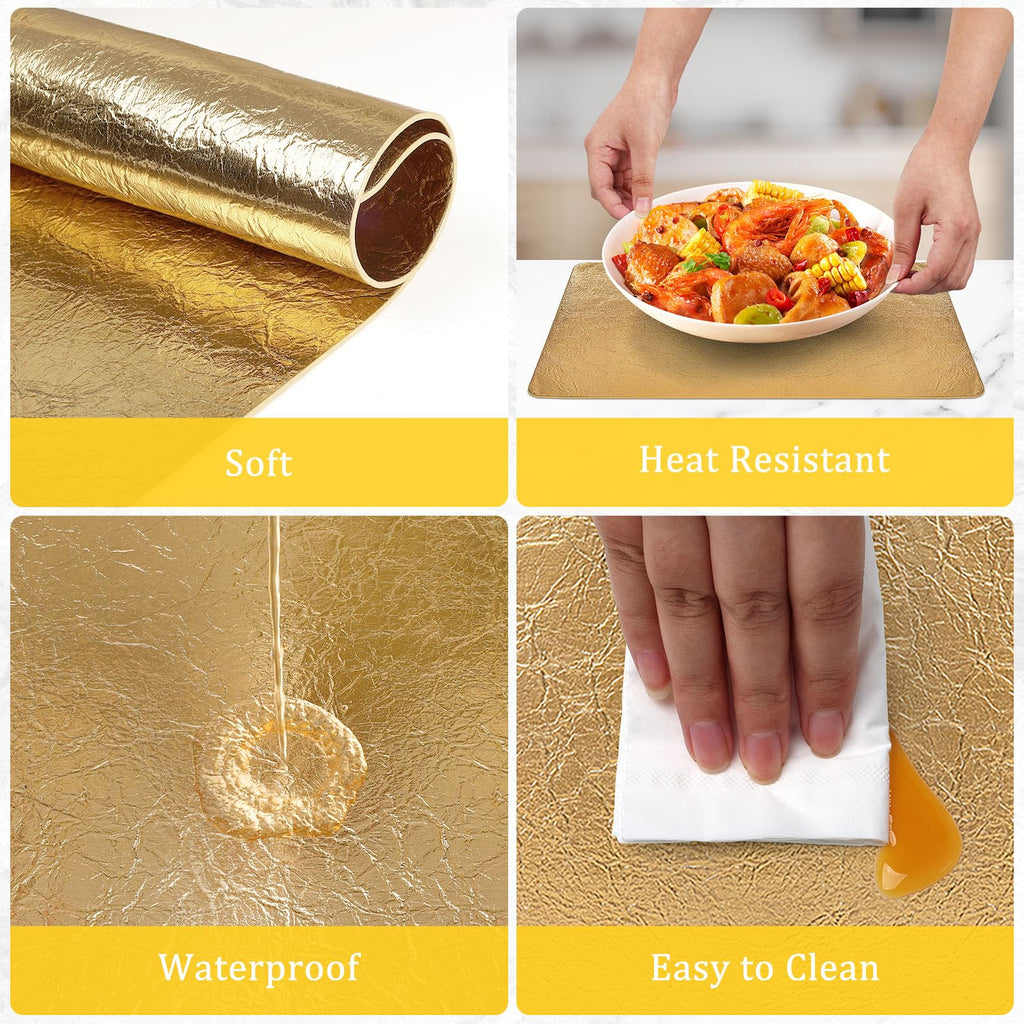 Faux Leather Placemats Set of 6 with Coasters, 12x17inch Non-Slip Heat Resistant Dual-Sided Gold Crackled Place Mats