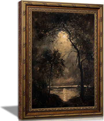 Moody Night Landscape Wall Art Gothic Moonlit Lake Picture Print