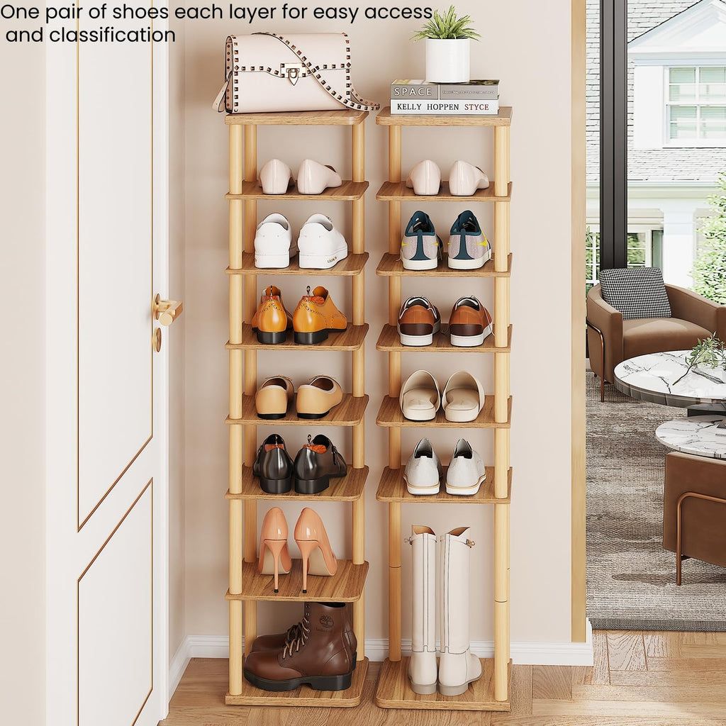 8 Tiers Vertical Shoe Rack, Tall Narrow Shoe Tower Corner Shoe Rack, Walnut