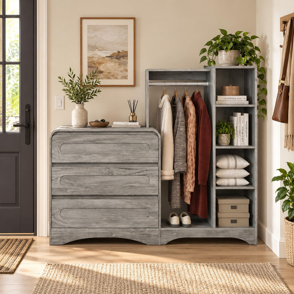 Dresser with Clothes Hanging Rack, Wardrobe Closet w/ 3 Drawers and Shelves