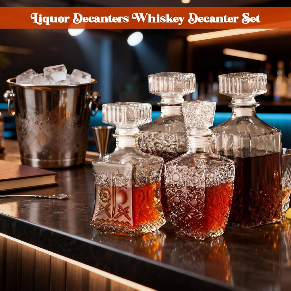 Whiskey Decanter for Men Liquor Decanters Glass Alcohol Bottle with Glass Stopper for Vodka Tequila Brandy - Set of 4