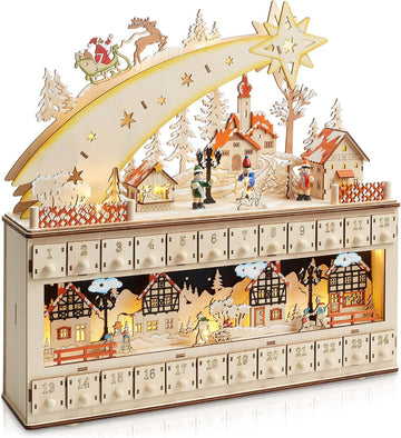 Wooden Christmas Advent Calendar, Pre-Lit with Drawers Holiday Decoration with Shooting Star and LED Light-Up