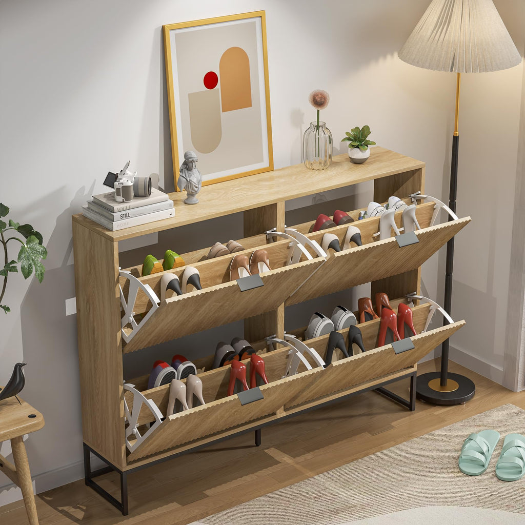 Shoe Cabinet Storage Slim Modern Shoe Rack Cabinet with 4 Flip Drawers Tipping Wooden Narrow Shoe Cabinet