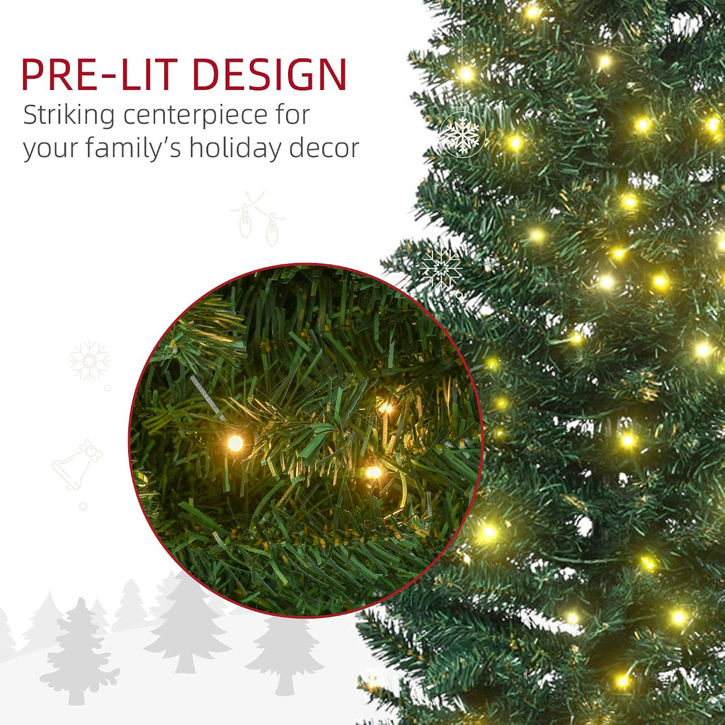 7' Tall Pre-Lit Slim Noble Fir Artificial Pencil Christmas Tree with 200 Warm White LED Lights and 499 Tips, for