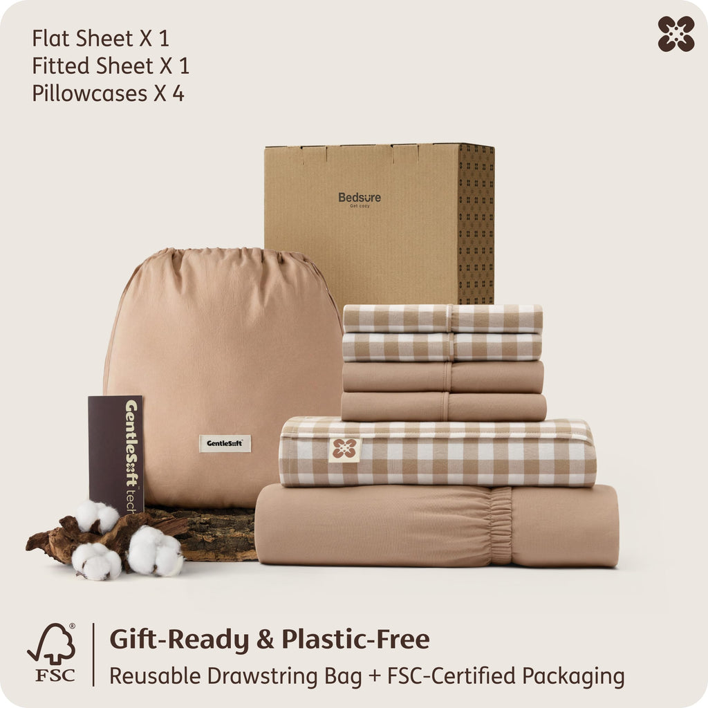 PureWoven Gingham Fall Sheets 100% Washed Cotton, Brown, 6PCS