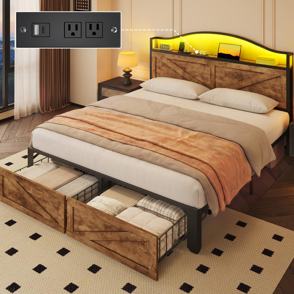 Bed with Farmhouse Storage Headboard, Bed with 2 Storage Drawers and Fast-Charging Station and Led Light
