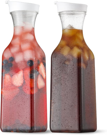 Plastic 50 Oz Water Carafe with Flip Top Lid, Set of 2 Square Base Juice Containers, Clear Plastic Pitcher - for