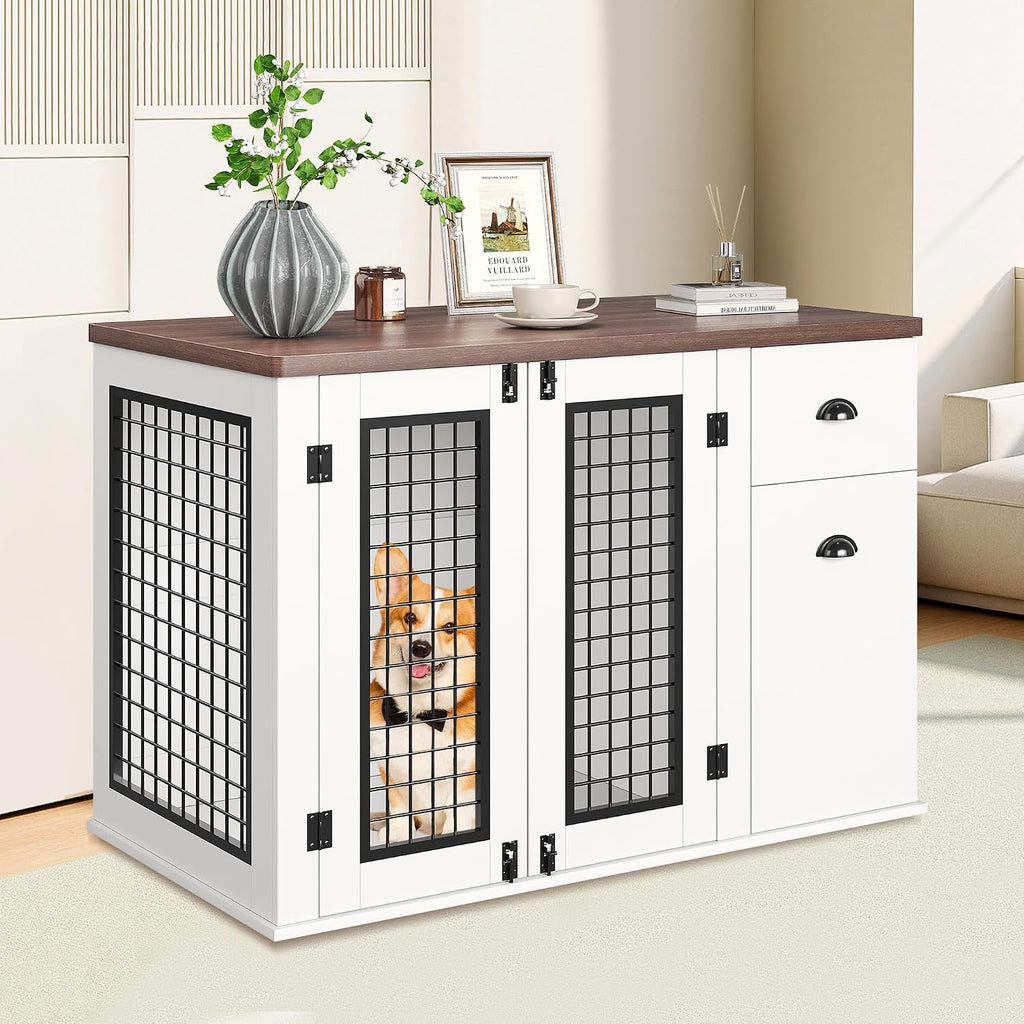 Elegant Wooden Dog Crate Furniture with Double Doors, Storage Drawers, Side Cabinet - Durable Heavy Duty Indoor