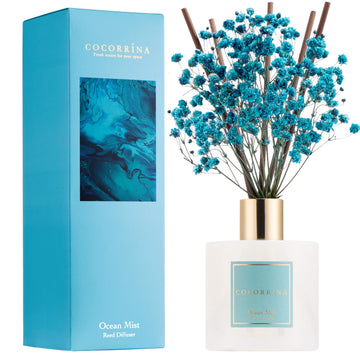 Reed Diffuser - Ocean Mist 6.7 Fl.oz Reed Diffuser Set with Sticks & Preserved Baby's Breath, Reed Diffuser Bathroom