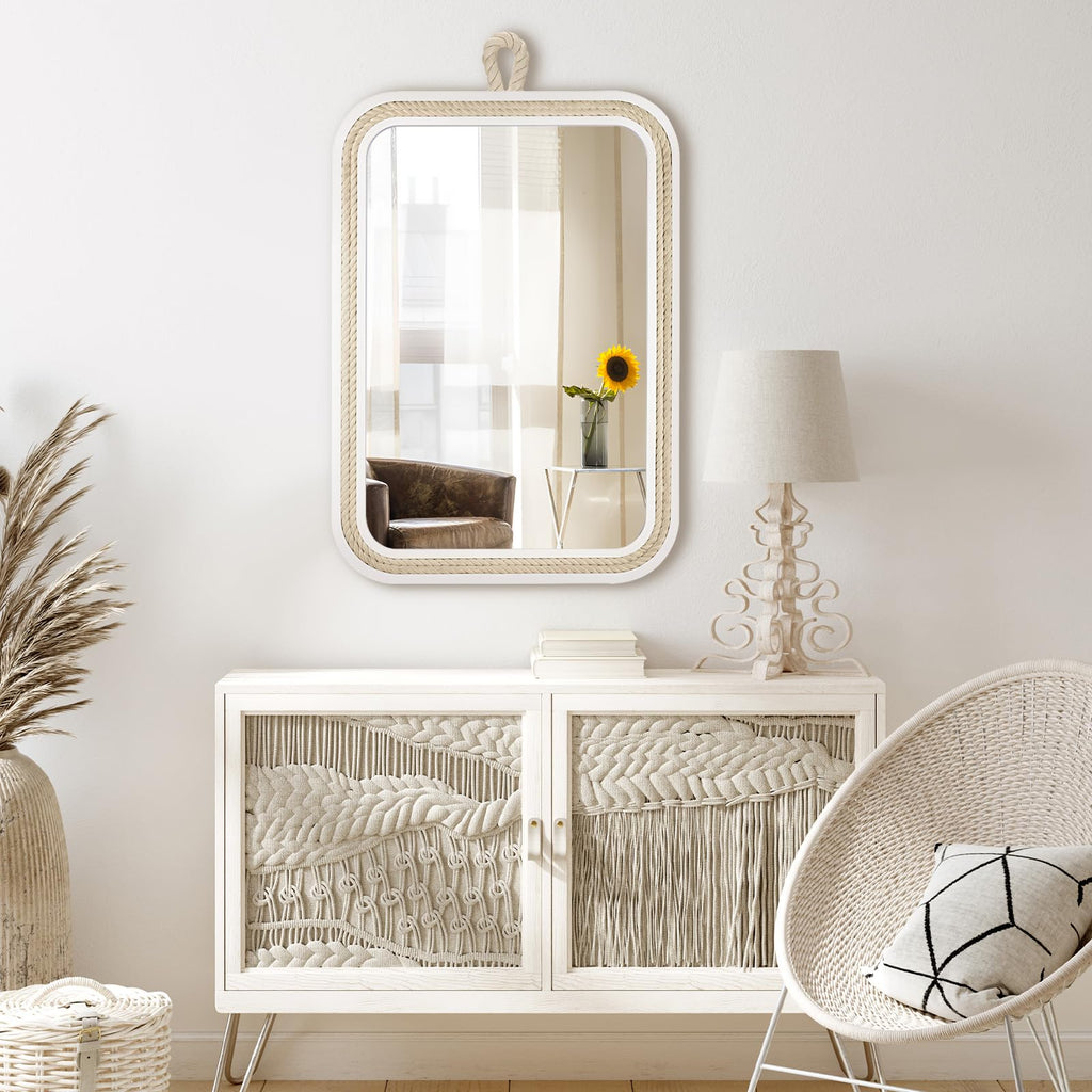 Nautical Rope Mirror Rectangle Wooden 22''Lx16''W White Decorative Mirror Farmhouse Hanging -Beachy Coastal Wall