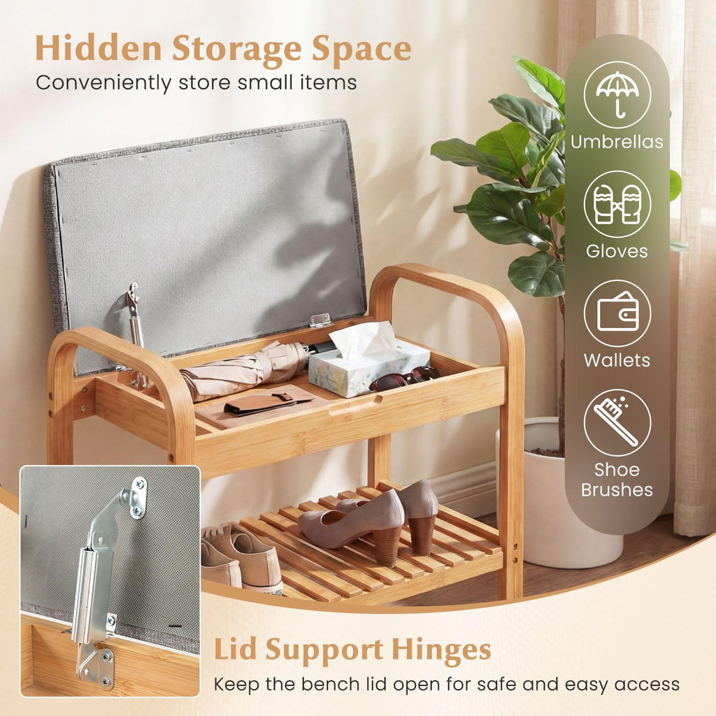Small Entryway Bench with Storage, 2-Tier Bamboo Shoe Rack Bench with Flip Top Storage Space and Padded Cushion, Shoe