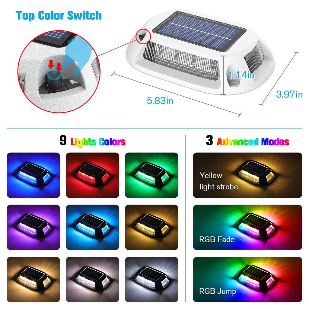 Solar Driveway Lights Dock Deck Lights 12 Pack,9 Colors in 1 Led IP67 Waterproof Outdoor Warning Step Lights