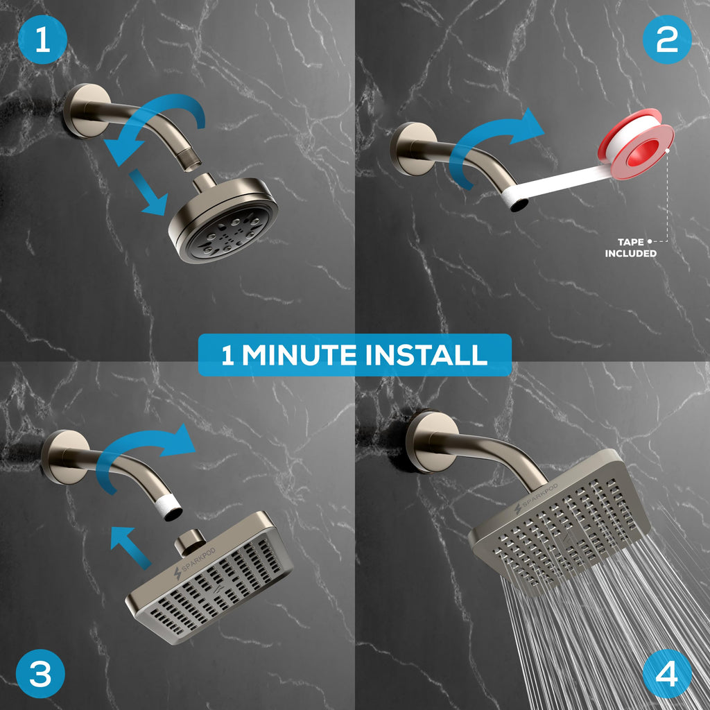 Rain Shower Head, 8 Inch Square, Elegant Brushed Nickel Finish