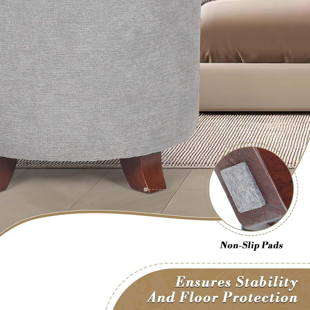 15 Inch Small Ottoman with Storage, Round Linen Fabric Storage Ottoman Foot Rest with Removable Lid, Multipurpose