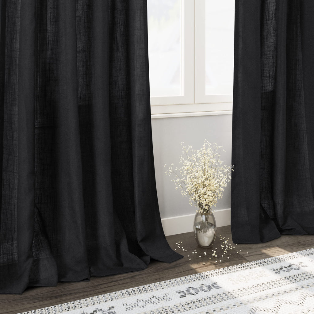 Long Black Curtain 100 inches Long 2 Panels Set Back Tab Modern Farmhouse Muslin Look Decor Cotton Textured Black