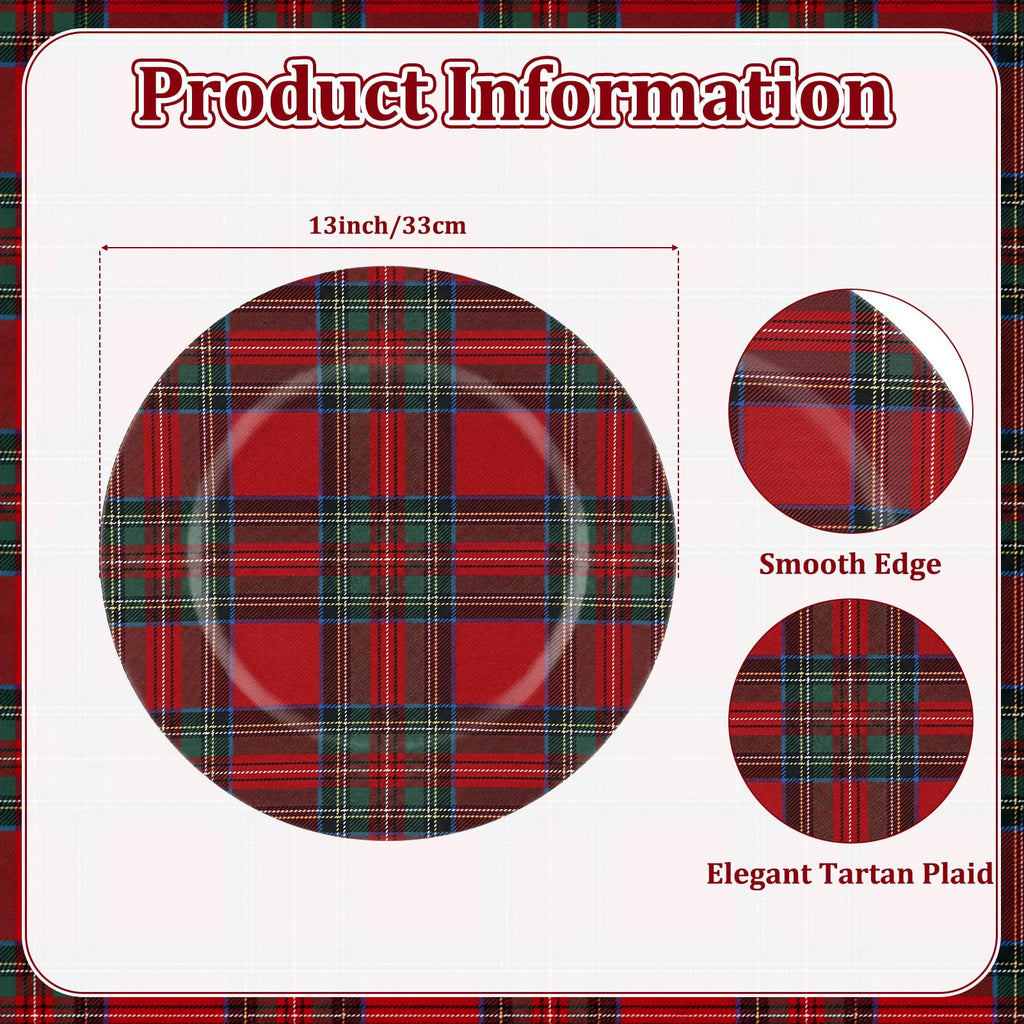 6 Pack Christmas Tartan Plaid Charger Plates 13 Inch, Red